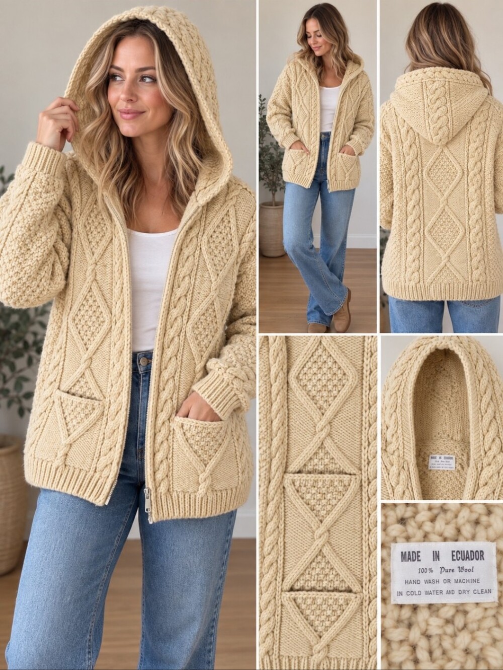 Vintage 1990s Ecuador 100% Pure Wool Hooded Cable Knit Cardigan Sweater Unisex L